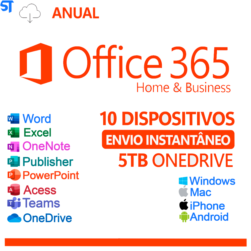 Microsoft 365 5 TB Até 10 Dispositivos Anual Windows, Mac, iOS e Android